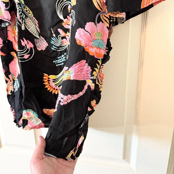 Anthropologie Banjanan Black Floral Bird Ruffle Blouse - Picture 5 of 8